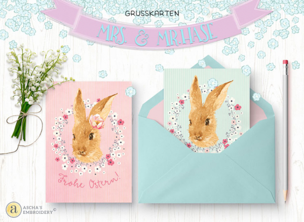 Zwei Grusskarten "Mrs.& Mr.Hase"